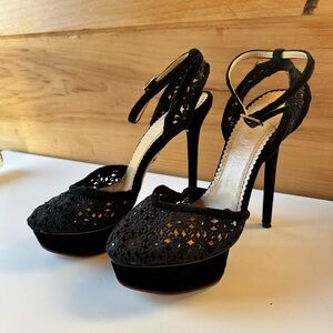 Charlotte Olympia Black Lace Platform Heels Rhinestones 38 1/2
